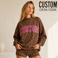 Ensemble décontracté en molleton de coton imprimé léopard pour femme avec poche kangourou et short assorti, sweat à capuche oversize