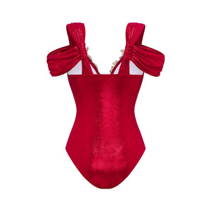 Traje de baño metálico rojo brillante de una pieza para mujer, con hombros descubiertos, mangas abullonadas, escote en V profundo, control de abdomen, monokini, traje de baño de playa al por mayor - Product Image 4