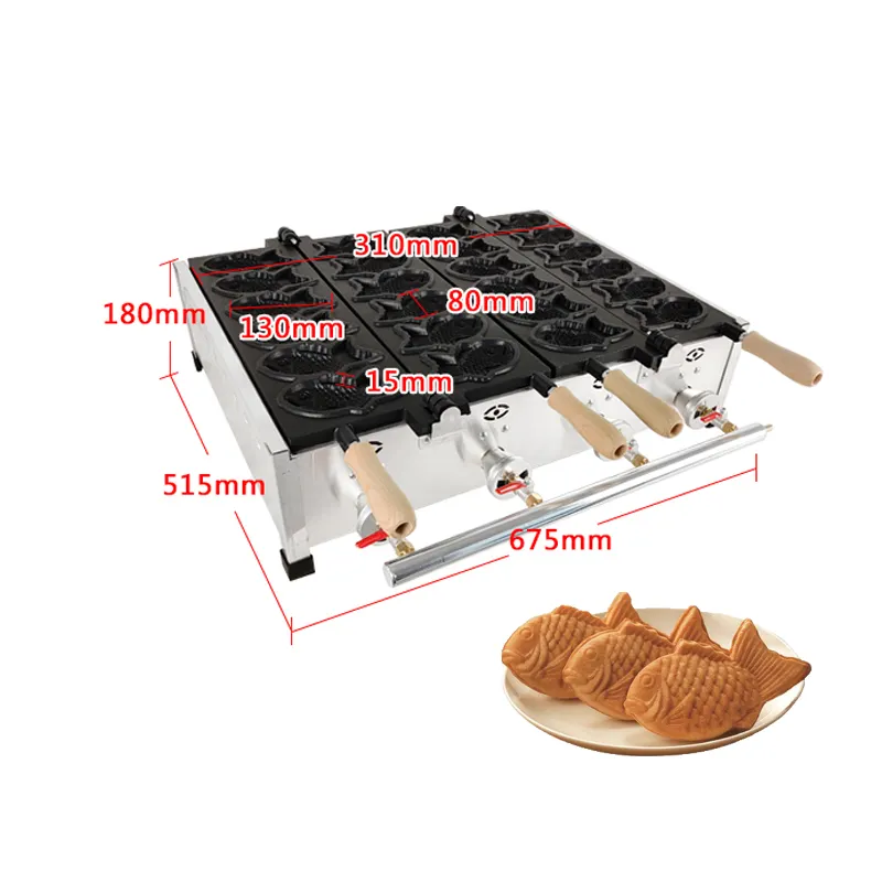 Máquina para hacer waffles de 12 agujeros, horno de pastel de pescado dulce, panel digital, máquina antiadherente comercial tayaki