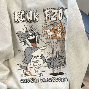 100% Cotton Fabric <strong>Tom</strong> <strong>Jerry</strong> Cute Cartoon Printed Hooded Sweatshirt for Men with Fleece Thickened Loose Autumn Winter - Product Image 4