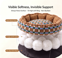 Coussin pour chat chaud automne-hiver, rétro, en peluche à carreaux, rond, en polaire Sherpa, rembourrage en coton PP, amovible et lavable