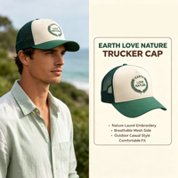 Casquette Trucker Personnalisée en Gros avec Logo Brodé, Patch en Maille, Thème Amour de la Terre et de la Nature, Idéale pour le Camping et la Randonnée
