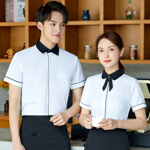 Venta al por mayor Bar Catering Hotel <span class=keywords><strong>Restaurante</strong></span> Café Logo Personalizado Ropa DE TRABAJO Personal Uniforme Camarero Camarera Camisa Hombres Mujeres <span class=keywords><strong>Camisas</strong></span> - Product Image 1