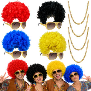 Conjunto de Accesorios de <span class=keywords><strong>Disfraz</strong></span> de Discoteca, Peluca <span class=keywords><strong>Afro</strong></span>, Gafas de Aviador, Cadena Dorada para Fiesta de Halloween y Navidad - Product Image 1