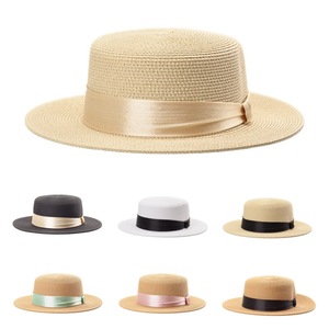 Sombrero de paja para mujer, de hierba natural, con parte superior plana, protección solar para la playa, sombrero de moda de verano con cinta, talla adulta - Product Image 1