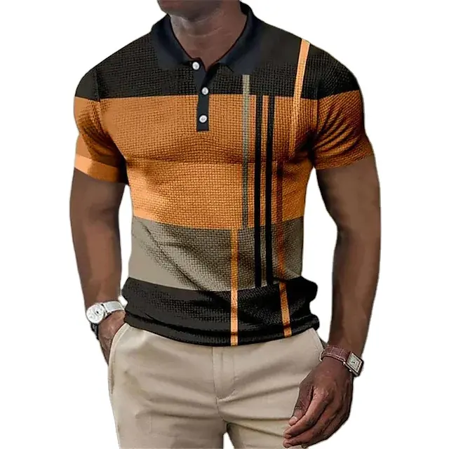 POLO-Herren hemd mit geometrischen Khaki-Streifen und lässigen oberen kurzen Ärmeln