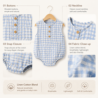 Barboteuse unisexe sans manches en coton et lin à carreaux gingham pour bébé, idéale pour l'été, avec boutons mignons, vente en gros, OEM pour enfants