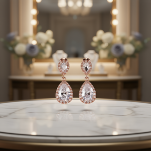 Boucles d'oreilles pendantes en cristal or rose E3742 pour femme, luxe, mariage, serti clos, forme goutte d'eau - Product Image 2