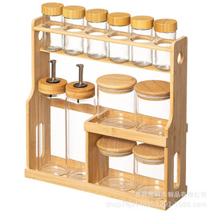 Kitchen Countertop <b>Spice</b> <b>Rack</b> With Glass <b>Jars</b> Wooden Lid Standing Type Multifunction Storage <b>For</b> Kitchen <b>Spices</b> And Oils - Product Image 2