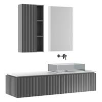 1650mm Modern Luxury Floating MDF Bathroom Vanity Cabinet LED Mirror 3D Fluted Texture Grey Glass Basin Sintered Stone Hotel