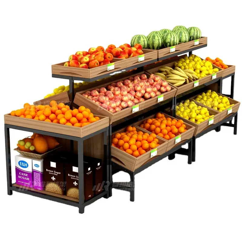 Estante de almacenamiento de madera para frutas y verduras, estante de exhibición personalizado a precio de fábrica