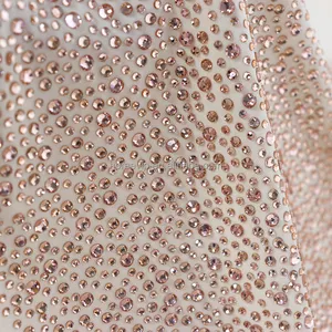 Tecido de cristal colorido feito à mão em pedra popular novo para FB Tecido de renda de tule elástico Strass tecido de malha