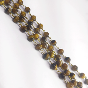 Cadena de Rosario Hecha a Mano con Cuentas Redondas Lisas de Ojo de Tigre Natural Envueltas en Alambre de Latón - Product Image 3