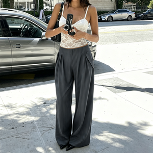 Pantalones de Traje de Pierna Ancha con Rayas Gris Oscuro Estilo Urbano Francés para Mujer, Elegantes y Holgados para la Oficina o el Trabajo Diario - Product Image 5