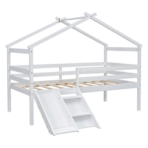 Kids Playhouse Loft <strong>Bed</strong>, White Twin Low Loft <strong>Bed</strong> <strong>with</strong> <strong>Slide</strong>, Ladder &amp; Anti-Fall Guardrails - Product Image 5