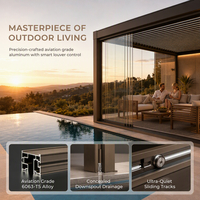 Pergola motorisée en aluminium, gazebo, store enrouleur coupe-vent, porte vitrée, espace d'activités en cour, jardin
