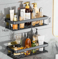Étagère murale en aluminium noir pour salle de bain, support de rangement sans perçage, organisateur mural, étagère à fentes pour cuisine