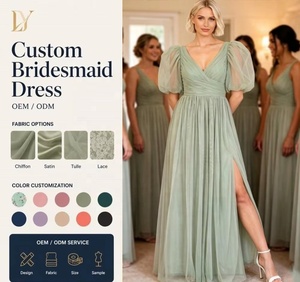 Robe de Demoiselle <span class=keywords><strong>d</strong></span>'Honneur en Tulle Col V Manches Courtes Bouffantes Coupe Évasée avec Fente Latérale Haute – Vente en Gros et Personnalisation – Fournisseur de Robes de Demoiselle <span class=keywords><strong>d</strong></span>'Honneur - Product Image 1