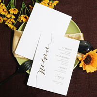 Papel de cartón blanco personalizado/tarjeta de menú de una sola tarjeta de boda acrílica con texto de lámina dorada para fiesta de boda