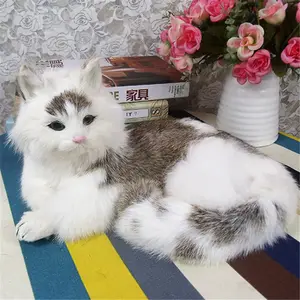 Realistic Lifelike Lying Cat with eyes opened Rabbit Fur Furry Animal