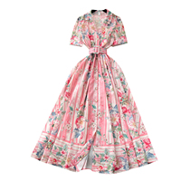 Robe longue à imprimé floral, col vintage, manches courtes, ceinture, boutons sur le devant, nouvelle collection 2024 pour femmes