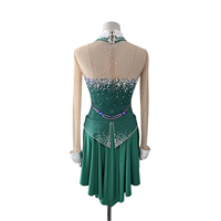 Robe de patinage artistique verte, col halter en V, maille nude, manches longues, strass, à nouer, pour enfants et adultes, compétition et performance