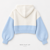 Cardigan en tricot à capuche personnalisé pour femme, color block, boutonné, court, avec manches bouffantes, pour tenue décontractée quotidienne