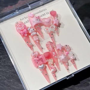 Venta al por mayor hecho a mano Stiletto largo prensa en las <span class=keywords><strong>uñas</strong></span> 3D Hello Kitty corazón arco Rosa diseño reutilizable acrílico personalizado <span class=keywords><strong>uñas</strong></span> postizas - Product Image 4