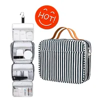 Hanging Travel Toiletry Bag Striped Makeup Organizer Foldable Travel Cosmetic Bag Organizer with 4 Compartments & 1 Sturdy Hook