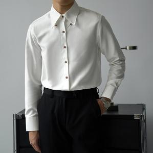 Automne Style italien hommes couleur unie <span class=keywords><strong>chemise</strong></span> grand col et manches longues coupe ajustée haut affaires décontracté Anti-rides - Product Image 2