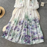 Robe longue trapèze respirante à col en V, coupe ajustée, manches lanternes en dentelle florale, garantie qualité, pour femme