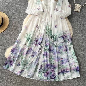 Robe longue à manches bouffantes en dentelle florale, col en V, coupe ajustée, garantie qualité, pour femme. - Product Image 6