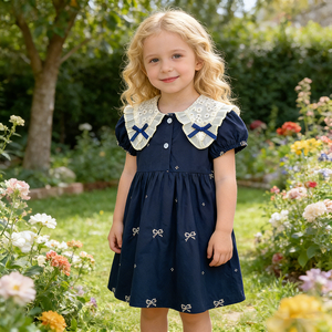 2026 Sommer <span class=keywords><strong>Baby</strong></span> Mädchen Kleid Blau <span class=keywords><strong>Baby</strong></span> Mädchen Kleidung Spitzenkragen Baumwolle Prinzessinnenkleid Stickerei Schleife Kleinkind <span class=keywords><strong>Baby</strong></span> Mädchen Kleid - Product Image 1