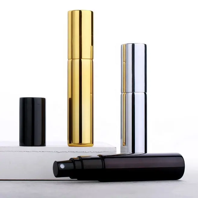 Metal Gold Silver Black Spray Personal Sample container glass round pen perfume refill bottle 5ml 10ml