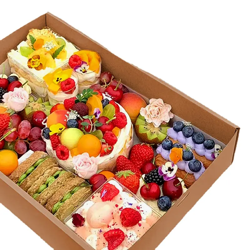 Wegwerp Golfpapier Picknick Lunchbox Camping Dessert Cake Bruine Kraft Papieren Doos Verpakking Met Deksel Raam