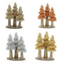 Décorations de Noël, Ornements de Bureau, Mini Sapins de Noël Scintillants, Base en Bois, Ensemble de Trois, Accessoires de Vitrine Festifs