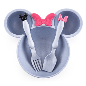 儿童用塑料分开的盘子小麦吸管用勺子和叉子盘子 - Product Image 4