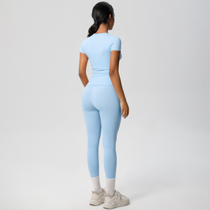 Conjunto Deportivo de 2 Piezas para <span class=keywords><strong>Mujer</strong></span> de <span class=keywords><strong>Camiseta</strong></span> de <span class=keywords><strong>Manga</strong></span> <span class=keywords><strong>Corta</strong></span> de Entrenamiento y Pantalones de Yoga de Nailon para Fitness al Aire Libre - Product Image 5