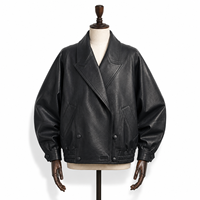 Veste Courte Décontractée pour Femme en Peau d'Agneau Plongée Non Enduite Noire, Coupe Oversize, Coupe-Vent Hiver, Col Large, Style Rétro, Col Cranté