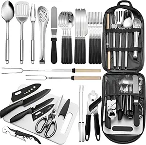 NPOT Portable Camping Cooking Kitchen Utensils Set - 27PCS Outdoor Cookware Grey with Carrying Bag Metal Stainless Steel 20kg