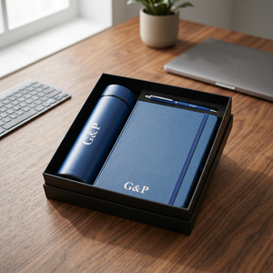 Coffret cadeau d'affaires G&P bleu et rouge avec gourde isotherme, carnet et stylo métallique - Product Image 4
