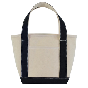 Sac fourre-tout en toile personnalisé de taille moyenne, beige avec bordure bleu marine, poignée supérieure, sac de courses pour les courses - Product Image 1