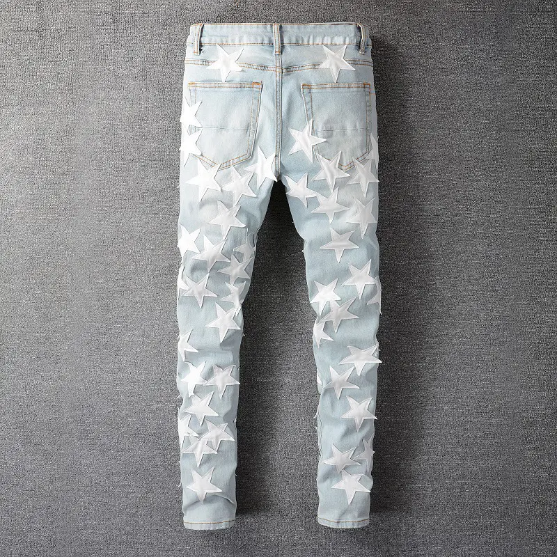 Nuovo marchio di moda personalizzato jeans da uomo con toppa elastica al ginocchio con toppa a cinque punte da uomo