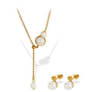 Ensemble collier et boucles d'oreilles en perles d'eau douce dorées, acier titane, bijoux pour femme, usage quotidien - Product Image 5