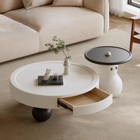 Ensemble de tables basses rondes style crème avec tiroir de rangement, finition vernie piano, pour salon et usage domestique en appartement de petite taille