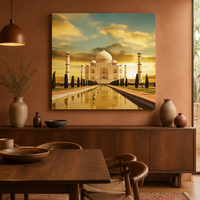Tableau mural moderne sans cadre Taj Mahal Coucher de soleil, toile tendue, peinture à l'huile de paysage pour salon et hôtel