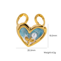 Bague ouverte en acier inoxydable style papillon cœur, tendance, avec perle coquillage incrustée et finition émail goutte d'huile, bague sous vide
