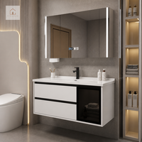 XINGRUO Meja Rias Kamar Mandi Modern dari Kayu Lapis dengan Wastafel Keramik, Cermin LED, Terpasang di Dinding, Ramah Lingkungan, Tahan Lama, untuk Vila Mewah