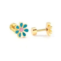 Anting-anting kancing baja tahan karat berlapis emas 18K uniseks desain bunga trendi untuk anak-anak dan wanita
