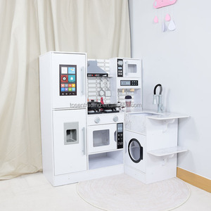 Ensemble de jeu d'imitation en bois, grande cuisine d'angle pour enfants avec réfrigérateur intelligent, four, micro-ondes, cuisinière, évier et machine à laver - Blanc - Product Image 2
